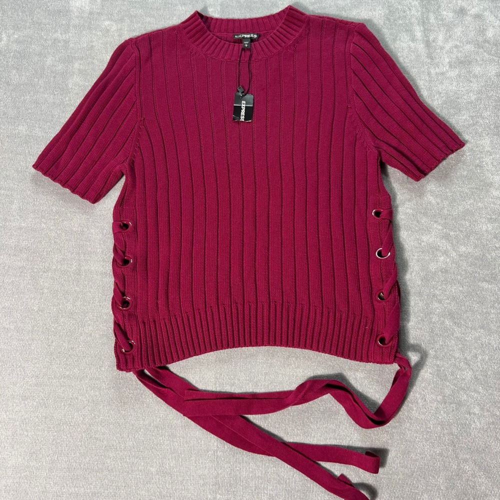 Express Womens Magenta Pink Ribbed Lace Up Short Sleeve Cotton Sweater L NWT